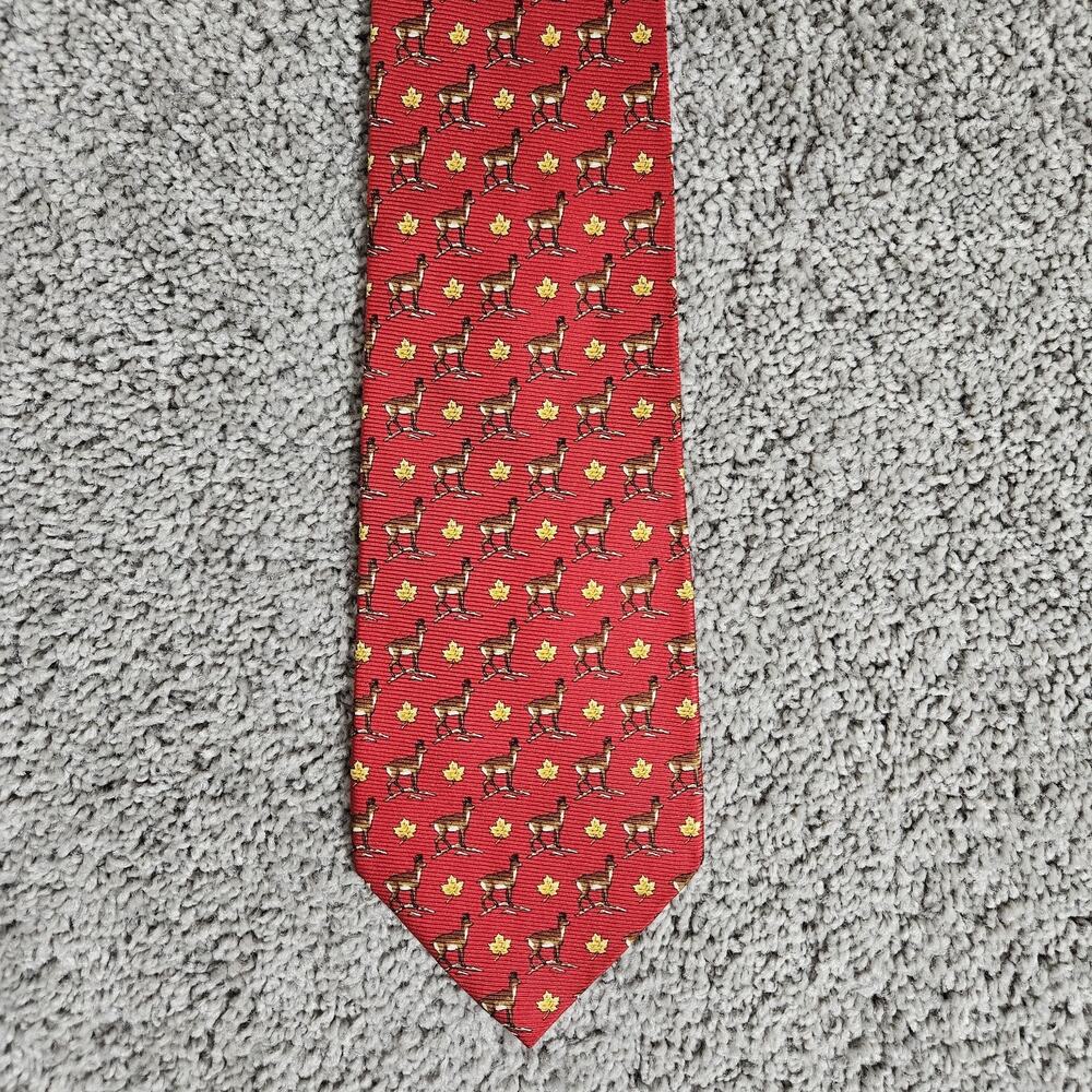 Banana Republic Red Silk Necktie Deer AOP Made In Italy Preppy Maple Leaf